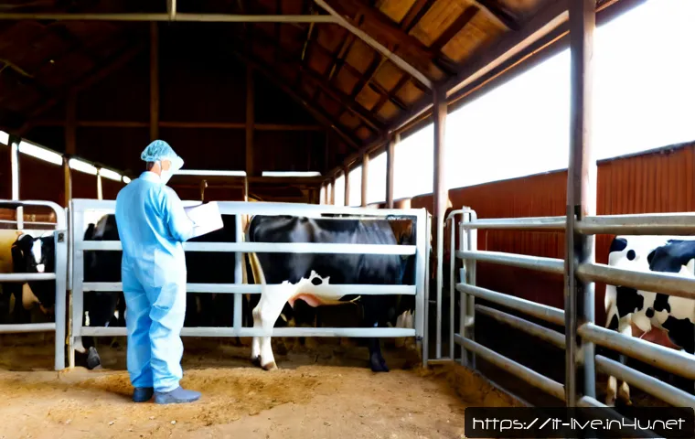 Home 17 축산업 관련 법규 및 규정 - Photorealistic Italian livestock farm compliance inspection, a veterinarian in clean protective clot...