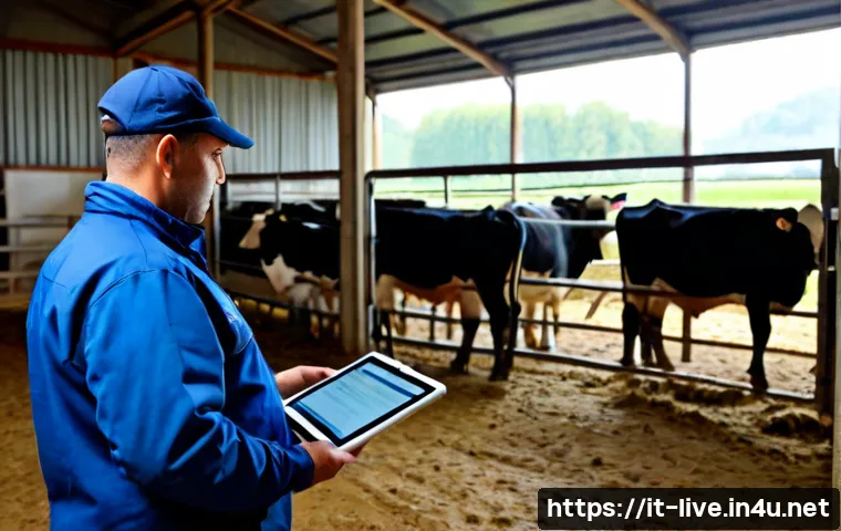 축산업 공무원 진출 경로 - Photorealistic Italian public livestock inspector in a clean rural cattle barn, middle-aged professi...